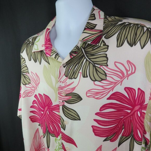 Cubavera Hawaiian Aloha Shirt Mens XL Pink White Green Lightweight Tropical Leaf - Picture 1 of 10